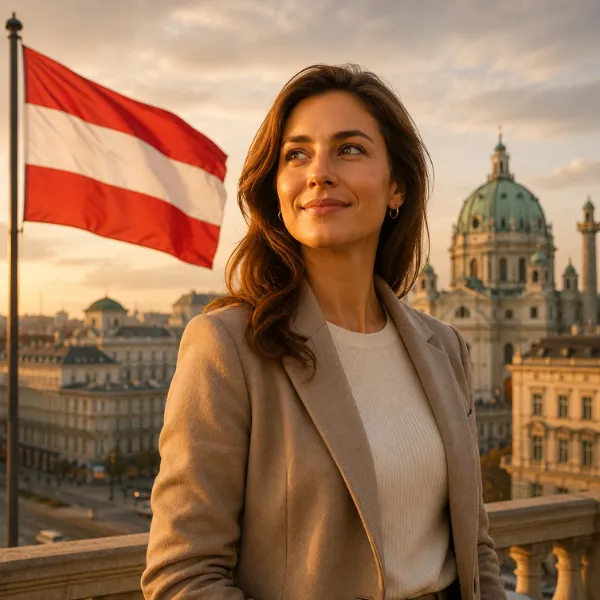 Mulher com bandeira da Áustria ao fundo representando processo de cidadania austríaca por origem familiar