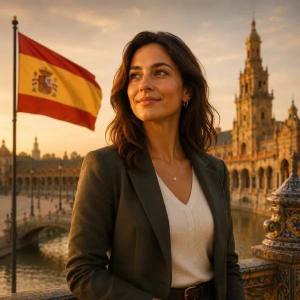 Mulher em frente à bandeira da Espanha representando processo de cidadania espanhola por nacionalidade e residência legal