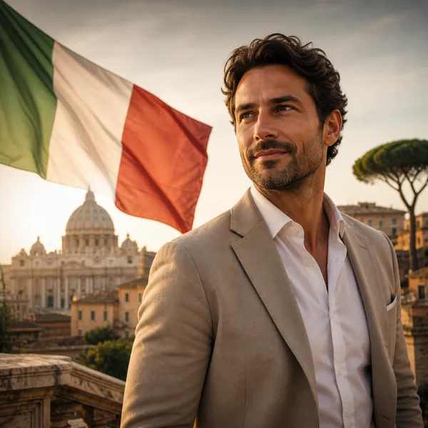 Homem com bandeira da Itália ao fundo representando processo de cidadania italiana por linhagem familiar