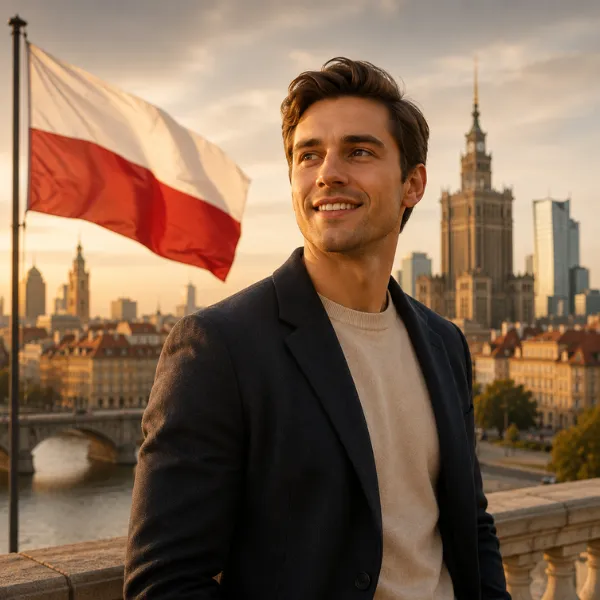 Homem com bandeira da Polônia ao fundo representando processo de cidadania polonesa por origem familiar