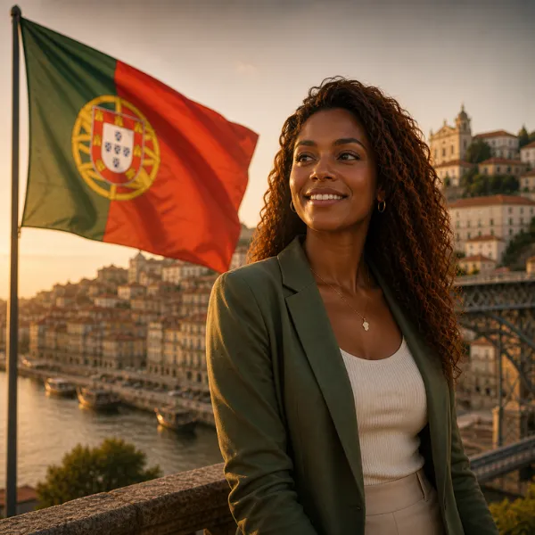 Mulher com bandeira de Portugal ao fundo representando processo de cidadania portuguesa conforme critérios legais