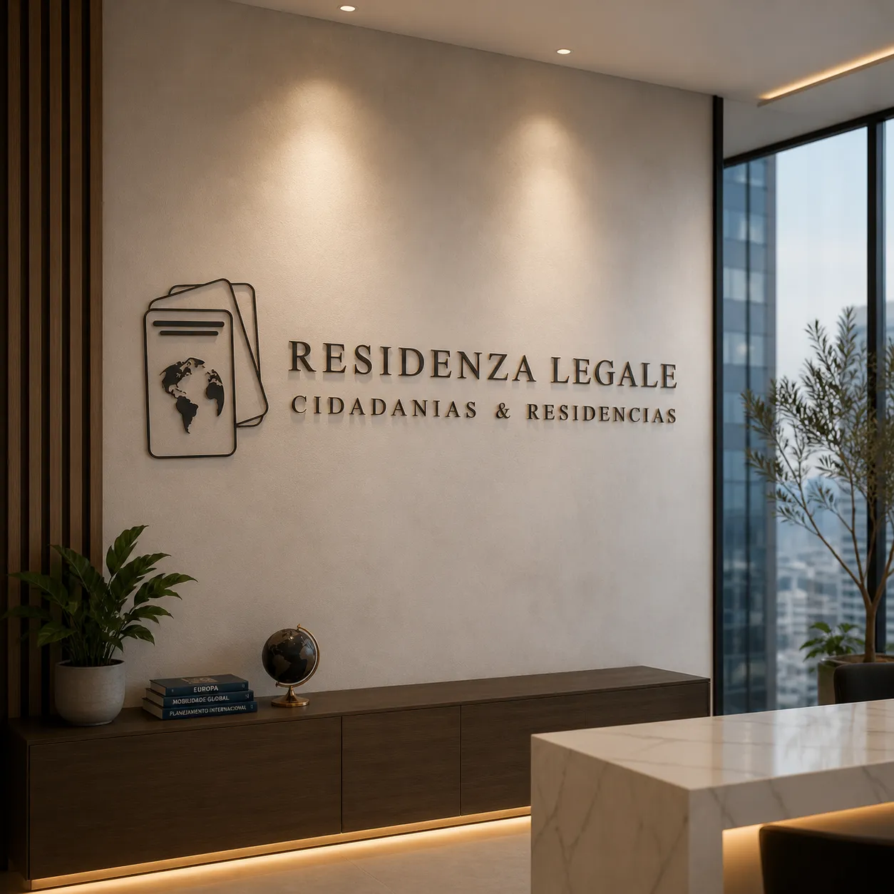 Ambiente profissional com logo da Residenza Legale representando atendimento para cidadanias europeias, vistos e residências legais