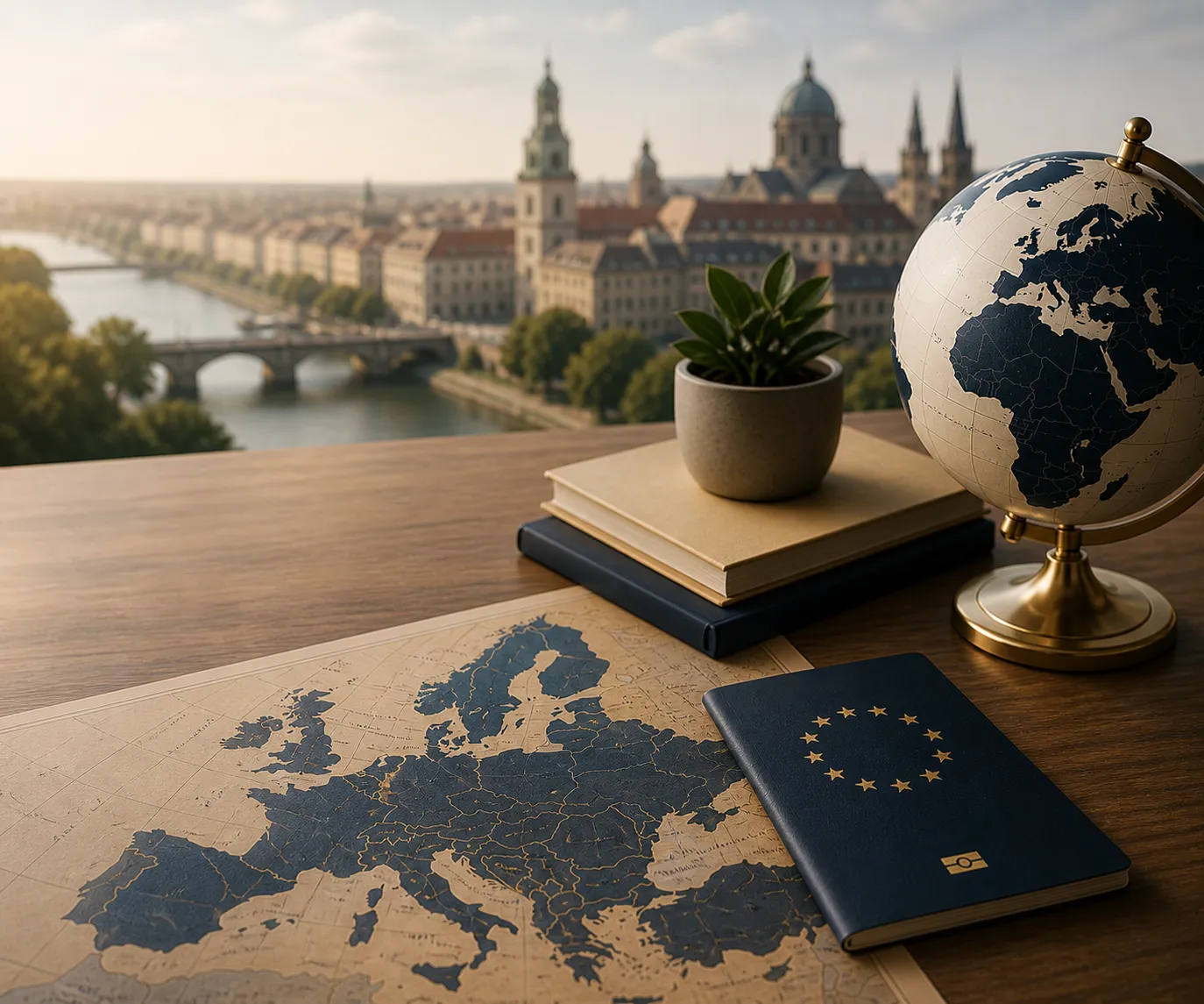Mesa com mapa da Europa, passaporte europeu e globo representando vistos europeus para estudo, trabalho e urgência